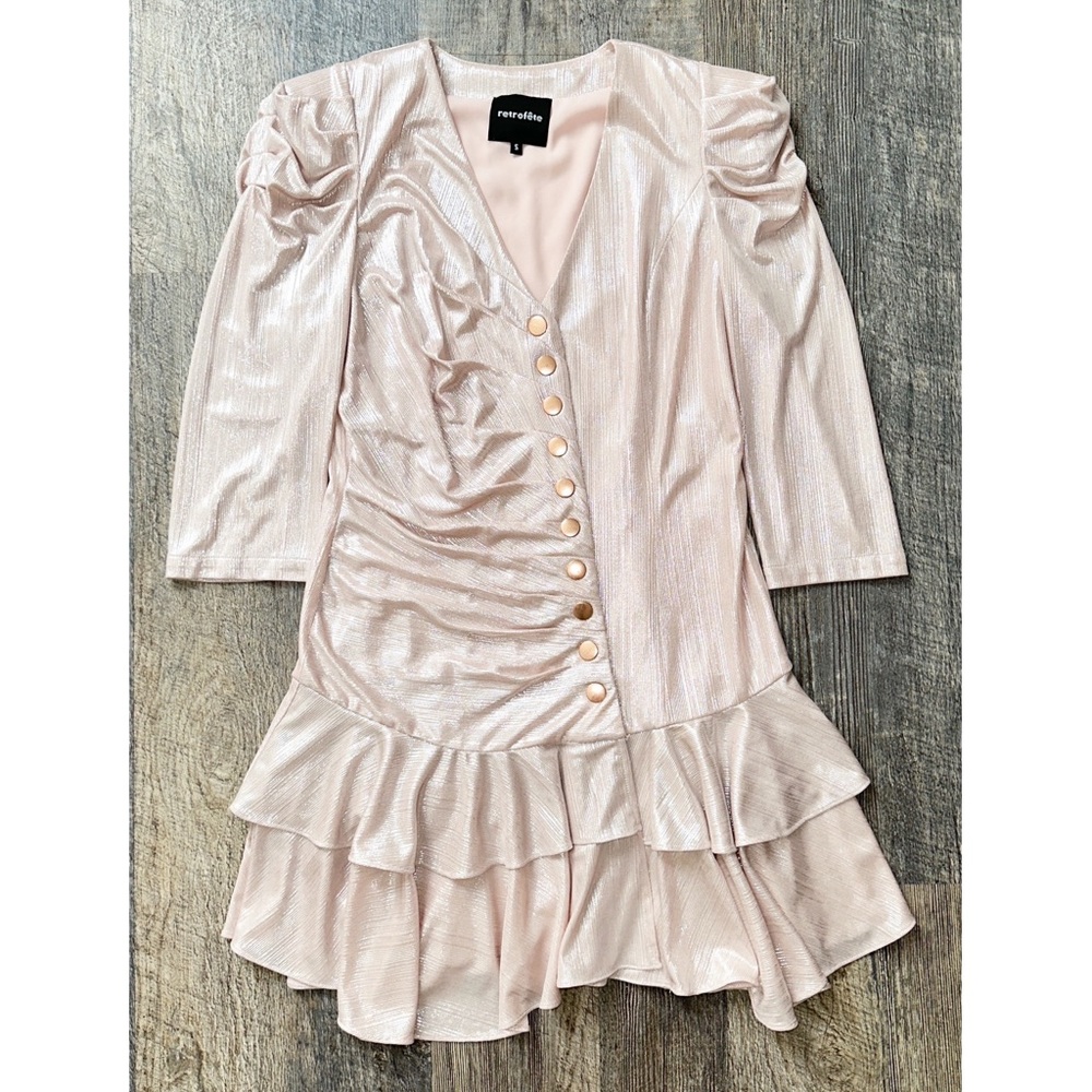 Retrofete Light Pink Shimmer Asymmetrical Ruched Cassidy Ruffled Mini Dress S